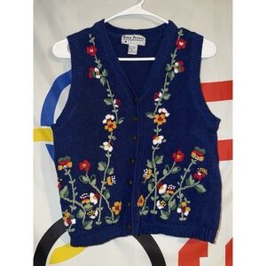 Vintage Gina Peters Cardigan Sweater Vest Petite Small 90s Flower Knit Blue